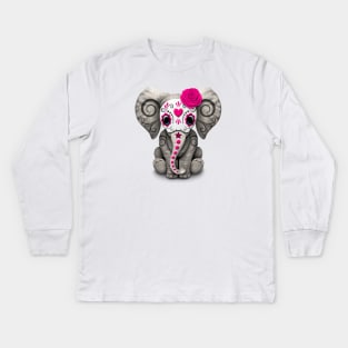 Pink Day of the Dead Sugar Skull Baby Elephant Kids Long Sleeve T-Shirt